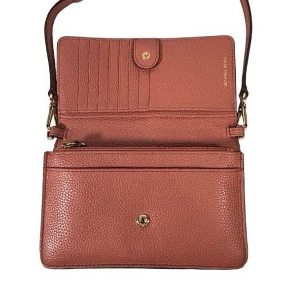 Michael Kors Mott Phone Wallet Crossbody Bag Sunset Peach Pink Pebble Leather - Picture 8 of 16